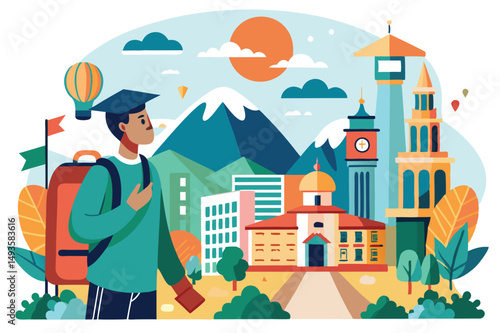 Vector illustration of a traveler exploring a scenic mountain town with iconic landmarks and vibrant nature
