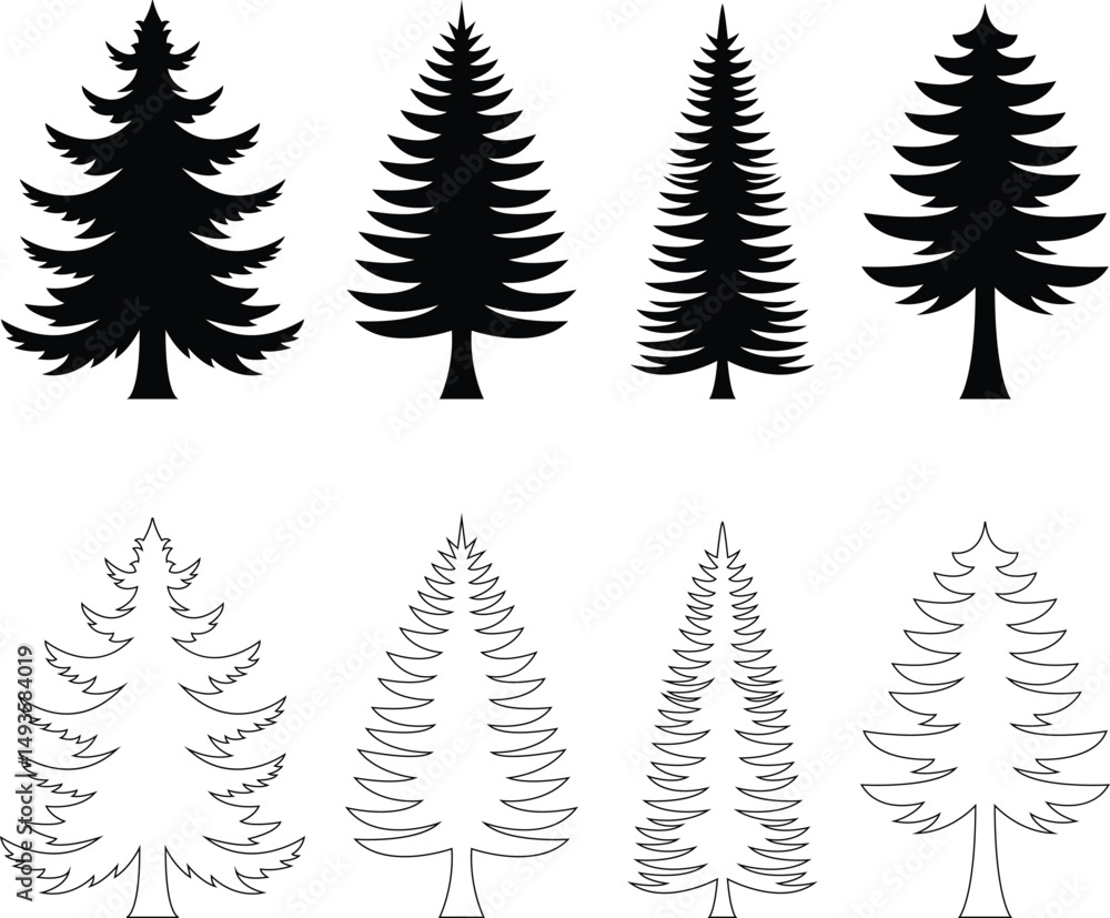 Fototapeta premium Christmas trees collection, Collection of evergreen tree silhouettes