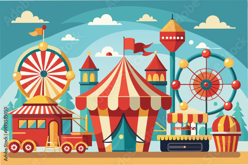Colorful carnival scene with a circus tent, ferris wheel, and various playful attractions at a festive fairground