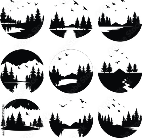 Diverse black forestscapes with birds fly over reflective lakes in a collection of nine circular compositions