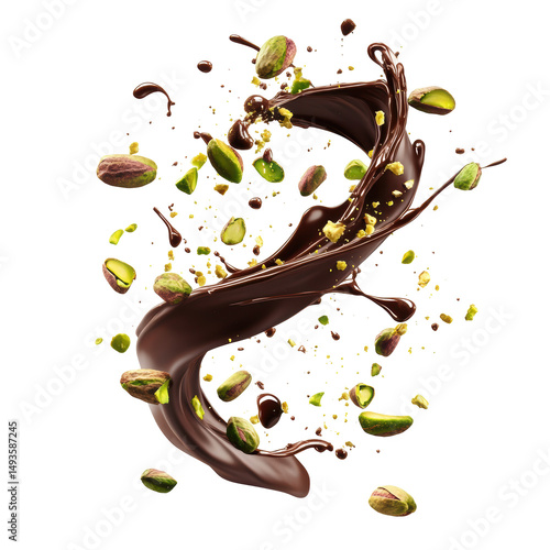 Swirling Dark Chocolate and Pistachios in Motion: A Deliciously Artistic Dessert Display on transparent background