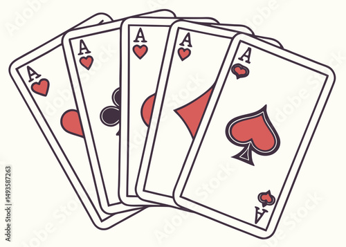 Digital Illustration of Playing Cards Featuring Poker Symbols, Casino Card Game Elements Including Ace, Spade, Heart, Diamond, and Club Suits, Vibrant and Detailed Digital Art
