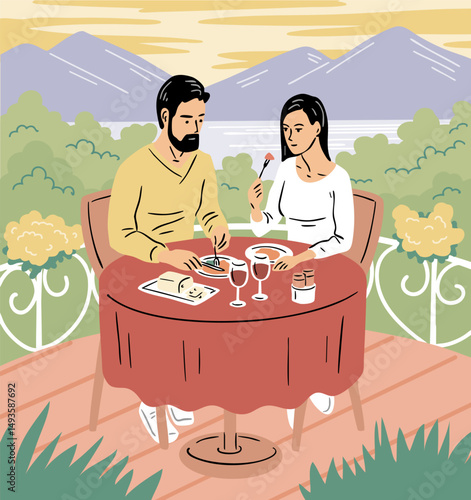 Young couple having dinner in resort restaurant with lake and mountains in background. Man and woman on vacation. Leisure and travel. Vector illustration