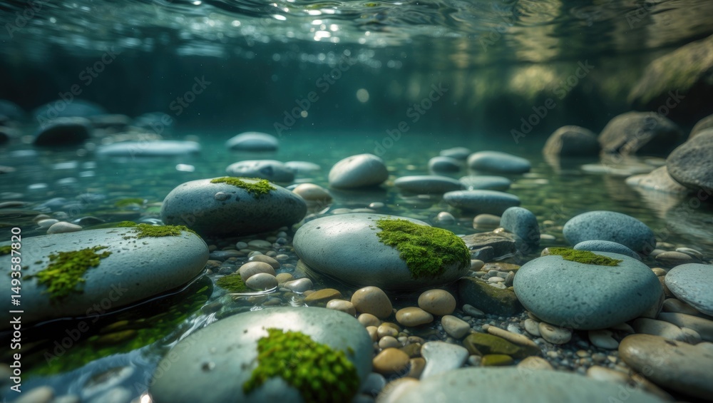 Fototapeta premium A peaceful close-up depiction of a clear riverbed, showcasing smooth stones and algae-covered pebbles. The water reflects the surrounding landscape, creating a tranquil scene.
