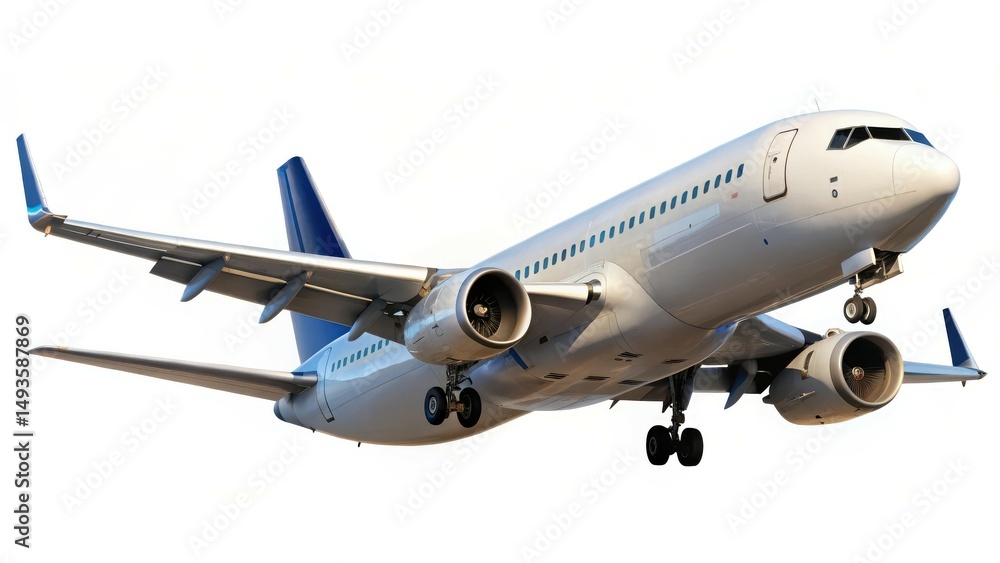 Commercial airplane taking off against a white background suggesting air travel and transportation Commercial airplane taking off against a white background suggesting air travel and transportation