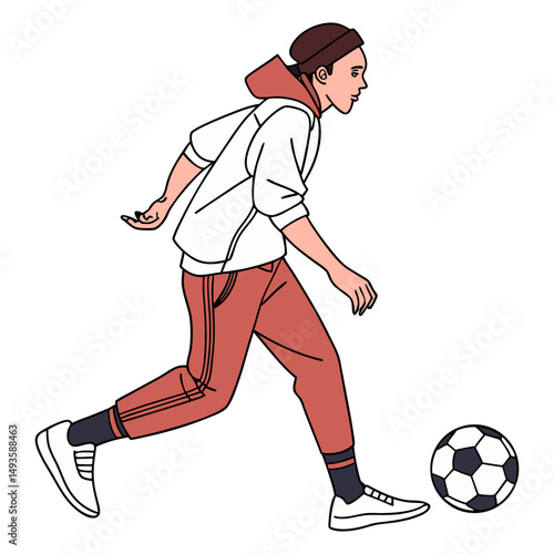 Soccer player running and kicking the ball