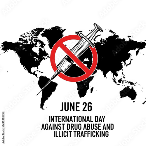 International day against drug abuse and illicit trafficking with syringe and world map background