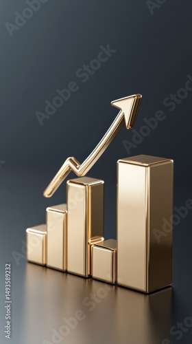 Golden 3D Bar Chart with Rising Arrow Symbolizing Business and Financial Growth growth business gold