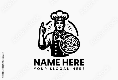 Bold black vector logo of professional chef in tall hat and apron presenting topped pizza. Classic pizzeria emblem  