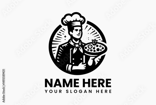 Bold black vector logo of professional chef in tall hat and apron presenting topped pizza. Classic pizzeria emblem  