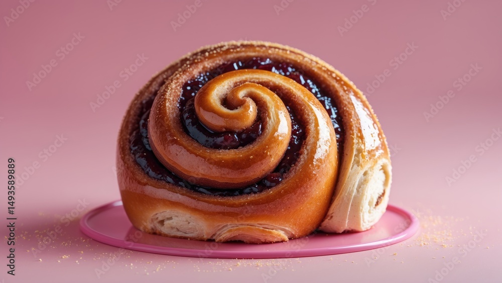Fototapeta premium Homemade tasty cinnamon roll featuring caramelized sugar and jam filling on a backdrop. Prepared to enjoy delicious sweet swirl pastry. Bakery, nutrition, guilty pleasure food idea.