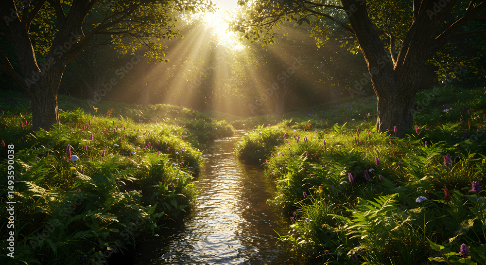Fototapeta premium Sunlight streams through woodland creek