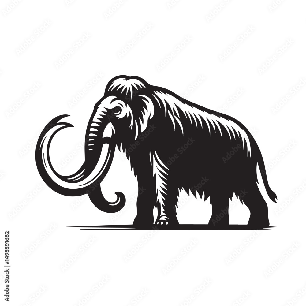 Fototapeta premium Black Color Mastodon Silhouette Vector Illustration, Solid White Background. minimal vector design