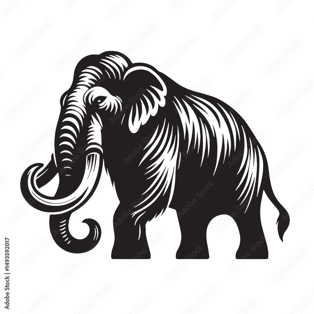 Obraz premium Black Color Mastodon Silhouette Vector Illustration, Solid White Background. minimal vector design