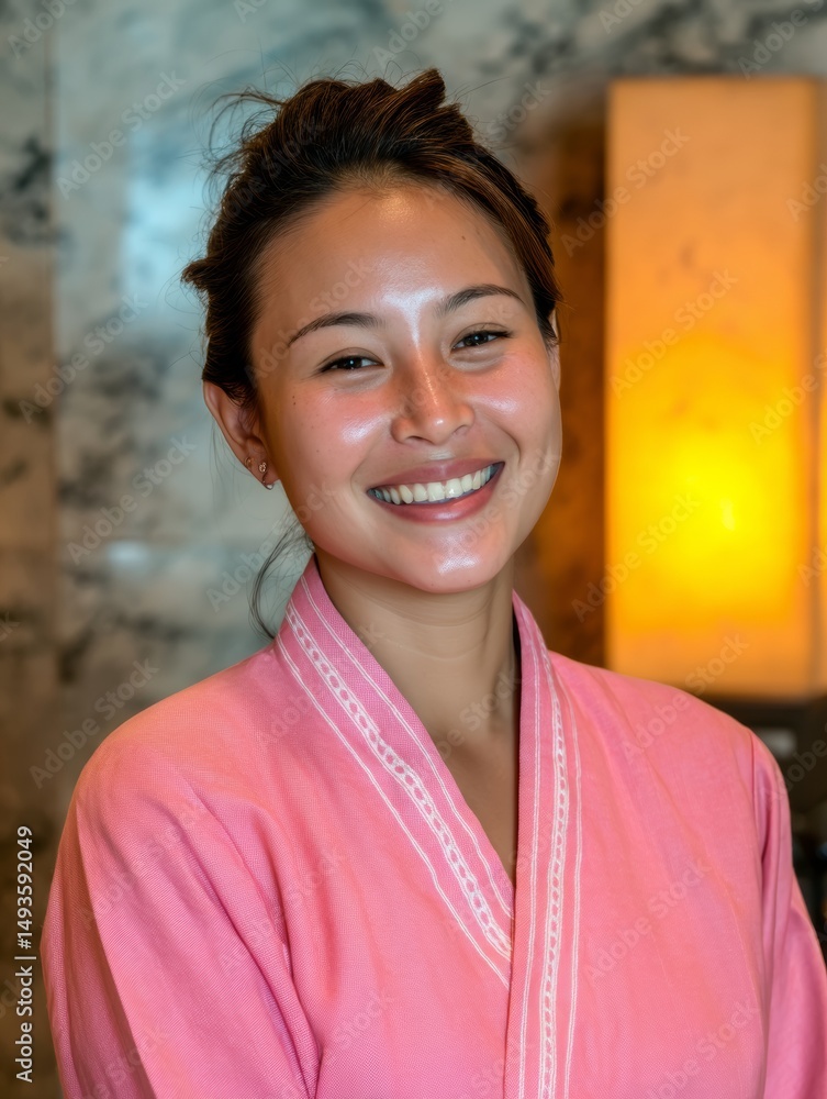 Radiant Smiling Woman in Spa Robe Ready for Relaxing Treatment Radiant Smiling Woman in Spa Robe Ready for Relaxing Treatment