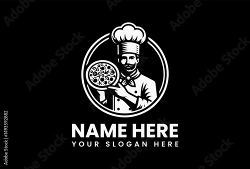 black vector logo illustration of a chef wearing a tall hat and apron holding a pizza with various toppings. Pizzeria concept
