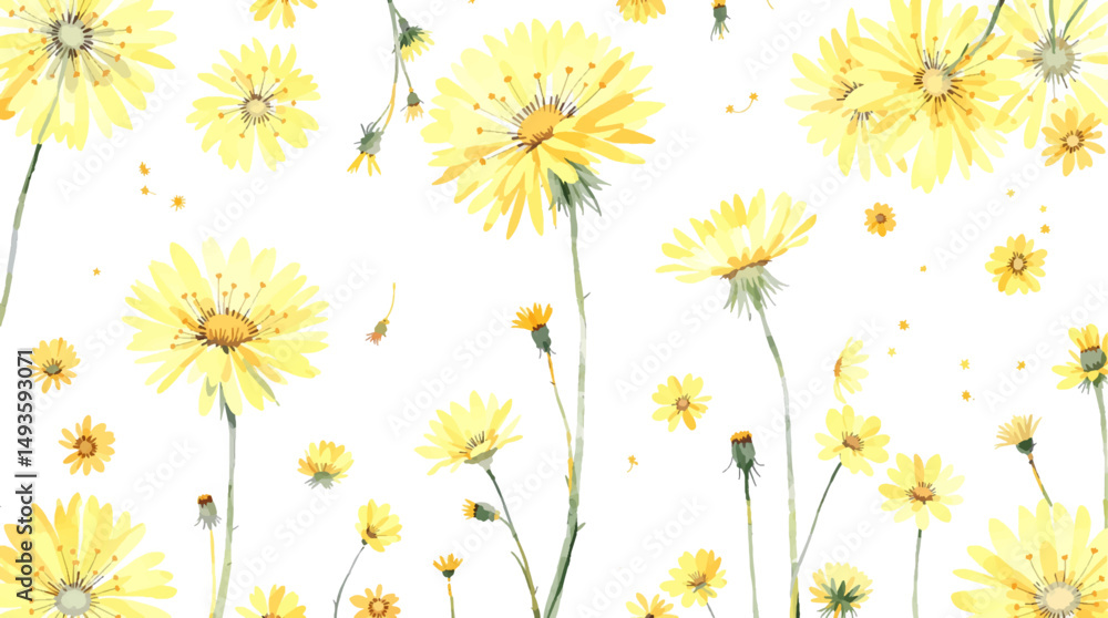 Obraz premium Seamless pattern with hand painted watercolor yellow flowers and leaves