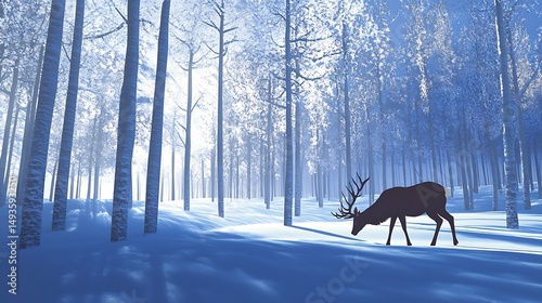 Winter forest scene with a grazing deer.