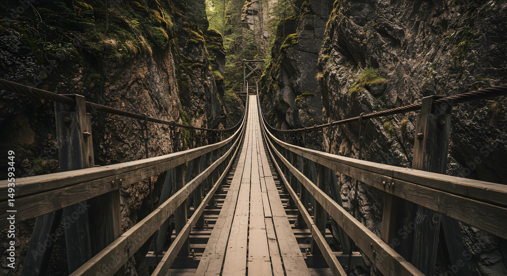 Fototapeta premium Wooden suspension bridge through gorge