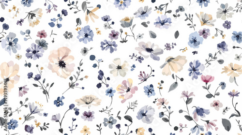 Watercolor Botanical flower illustration. Pressed flower with leaves drawing isolated