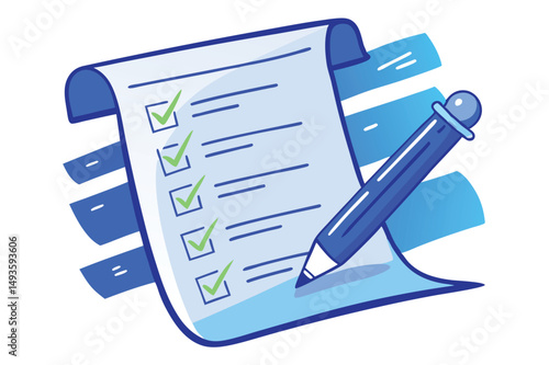 Vector illustration of a checklist featuring blue pen and green check marks, representing task completion