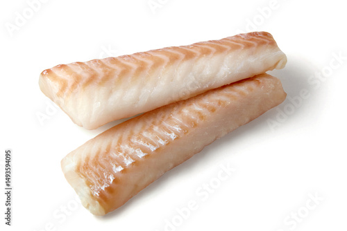 two frozen cod fillets isolated on white background