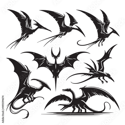 Black Color Pteranodon Silhouette Vector Illustration, Solid White Background. minimal vector design