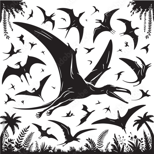 Black Color Pteranodon Silhouette Vector Illustration, Solid White Background. minimal vector design