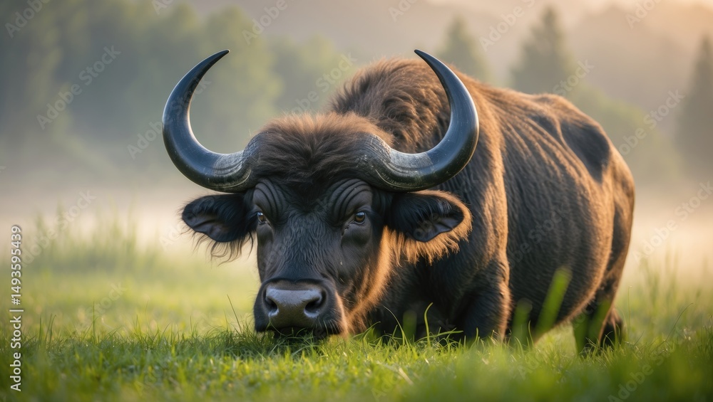 Naklejka premium Meadow scene with water buffalo consuming grass.