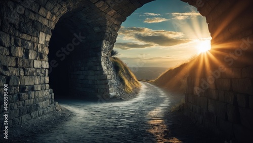 Gloomy passageway with a constricted trail leading to a radiant sky and clouds. Idea of paradise or heaven.