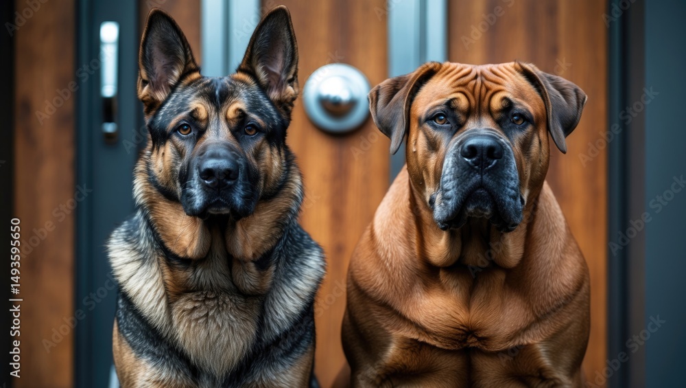 Obraz premium Depiction of two vigilant guard dogs at the doorstep, ready to ensure the home's security. This picture serves to highlight safety or security solutions.