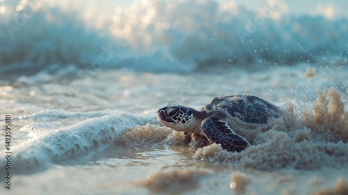 Fototapeta Naklejka Na Ścianę i Meble -  Sea turtle crawling on sandy beach with ocean waves