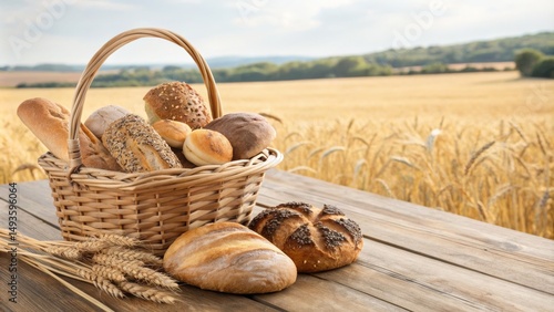 Basket of Fresh Bread on Wh...