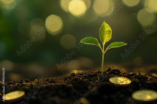 Young seedling growing in soil with coins around	