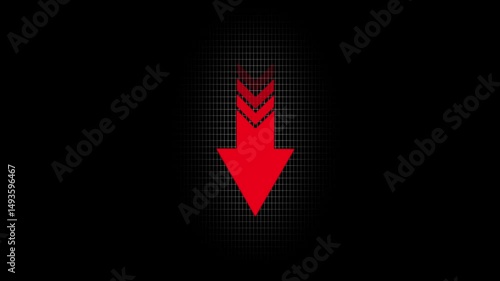 Glowing red colored animation of sweep arrow icon. Downward and transparent with pointing arrow icon business graph on black background.