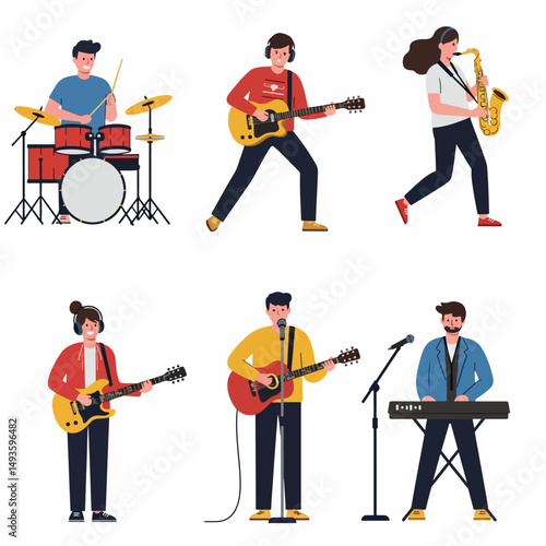 Band musicians group playing instruments together