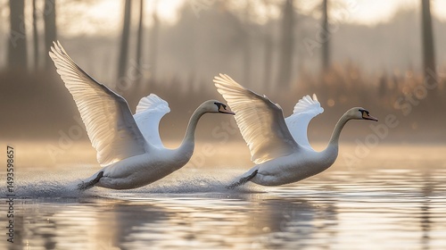Fototapeta Naklejka Na Ścianę i Meble -  Two graceful swans taking flight over calm water at sunrise, wings outstretched, creating ripples