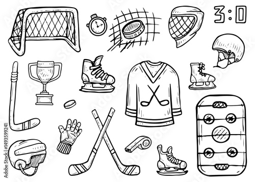 Hockey set. Hand drawn doodle illustration. Team game on ice. Winter competition, match. Stick, puck, gate, helmet, skates, uniform, equipment. Player, goalkeeper. Vector line art collection.