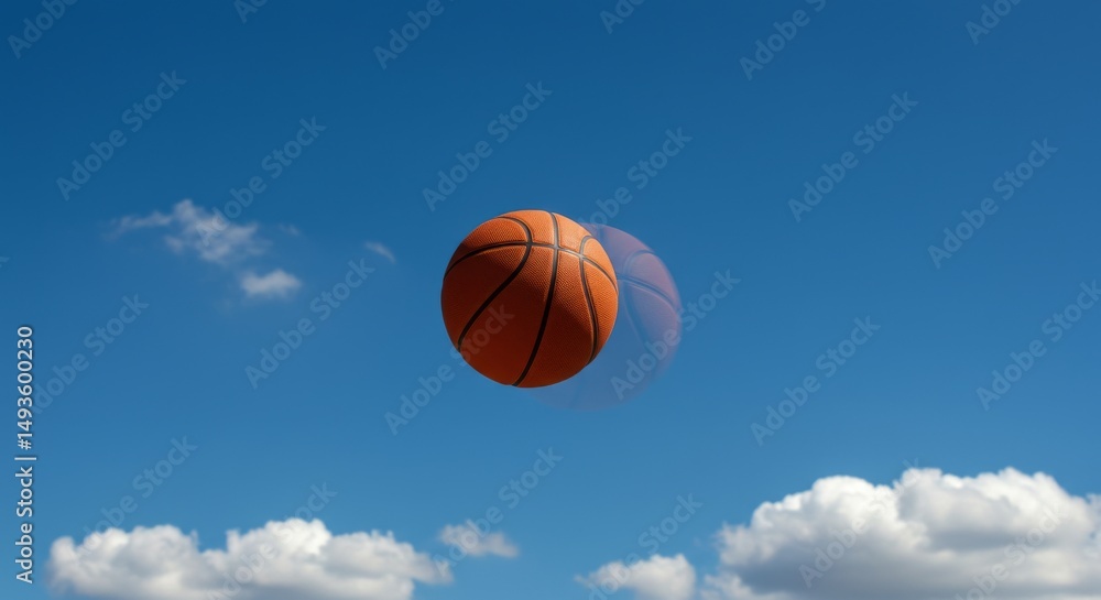 Obraz premium Floating Basketball Ball on Blue Sky with Clouds – Conceptual Sports and Outdoor Freedom Theme