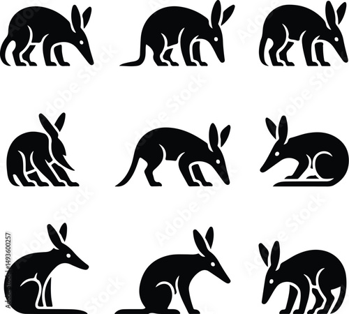 Aardvark Silhouette Set – Wild Animal Vector Icons Collection Aardvark Icons Pack – Unique Wildlife Silhouette Bundle