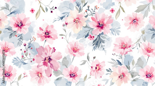 Seamless floral pattern watercolor, Pink watercolor flowers background