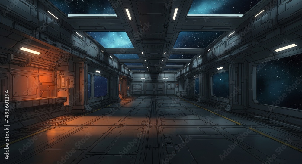 Futuristic 3D sci-fi interior of a spaceship corridor featuring metallic walls, glowing orange lights, and a large viewport showing stars in space. The environment has a clean, high-tech design with d Futuristic 3D sci-fi interior of a spaceship corridor featuring metallic walls, glowing orange lights, and a large viewport showing stars in space. The environment has a clean, high-tech design with d