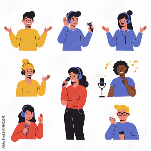 People podcasting or speaking with headphones and microphone