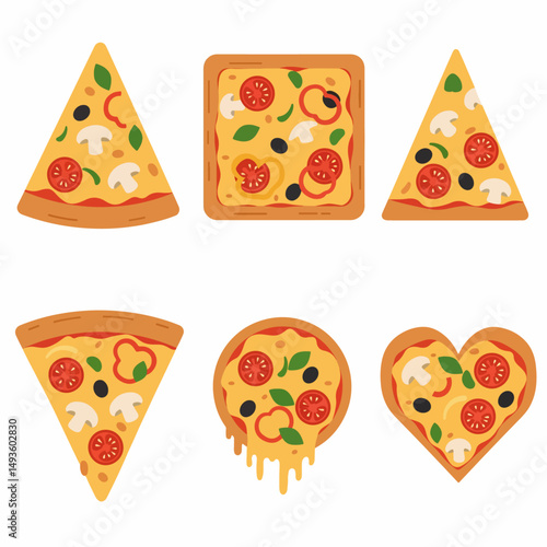 Pizza slices with various shapes and toppings