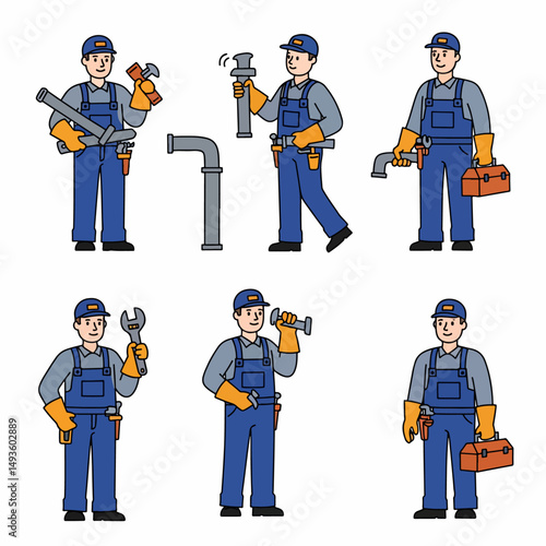 Plumber characters with tools equipment in action