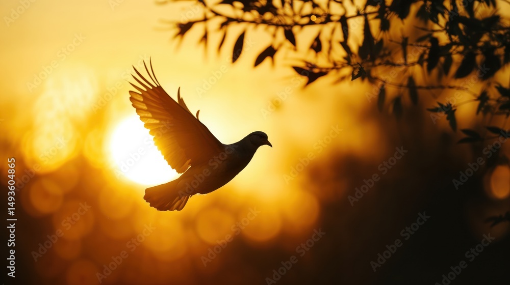 Fototapeta premium Bird flying at golden sunset with branches in background