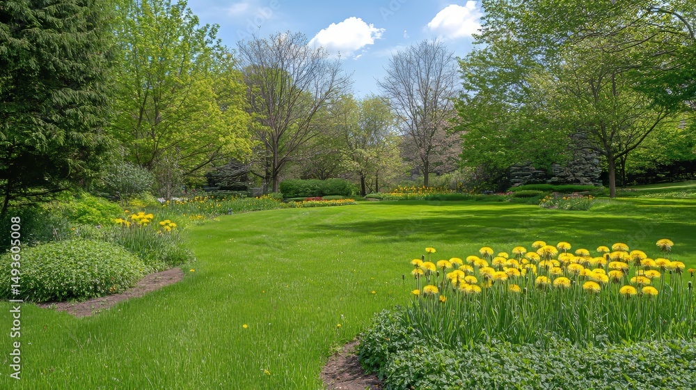 Obraz premium Lovely spring scene. Fresh green grass and yellow dandelions bloom in a garden with trees. 