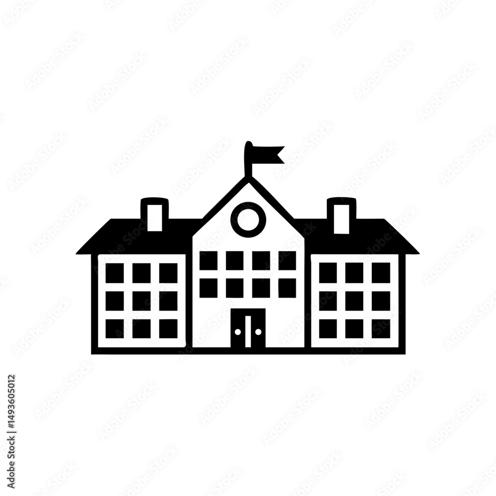 Fototapeta premium Retro School Building Vector – Black Outline of Classic Academic Structure