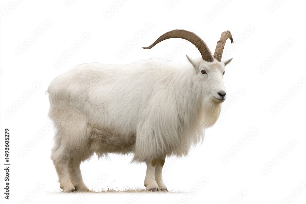 Fototapeta premium Majestic white mountain goat stands gracefully among a serene snowy landscape with long curved horns shining in soft light