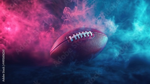 American football ball in smoke with blue and pink lights